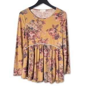 Perfect Tunic Top WOMENS SMALL Yellow Boho Floral Long Sleeve Cottagecore Shirt